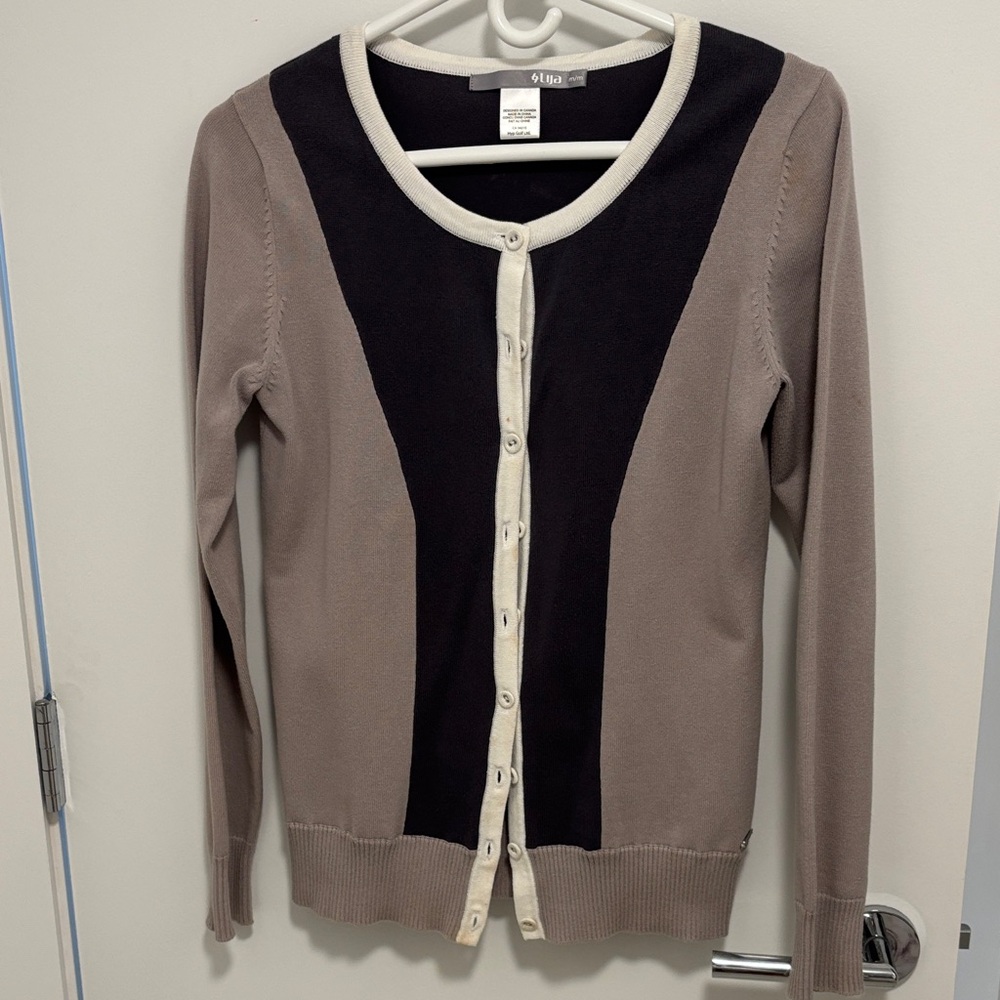 Lija Charcoal and Gray Cardigan with White Trim  Size M Perfect Condition